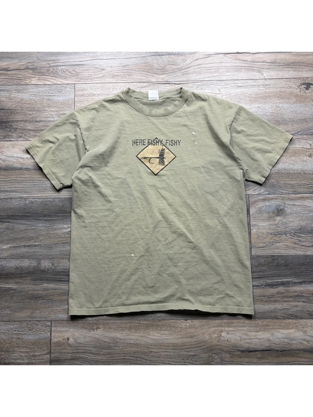 00’s Here Fishy Fishy faded green tee, stains and distressing, size Large